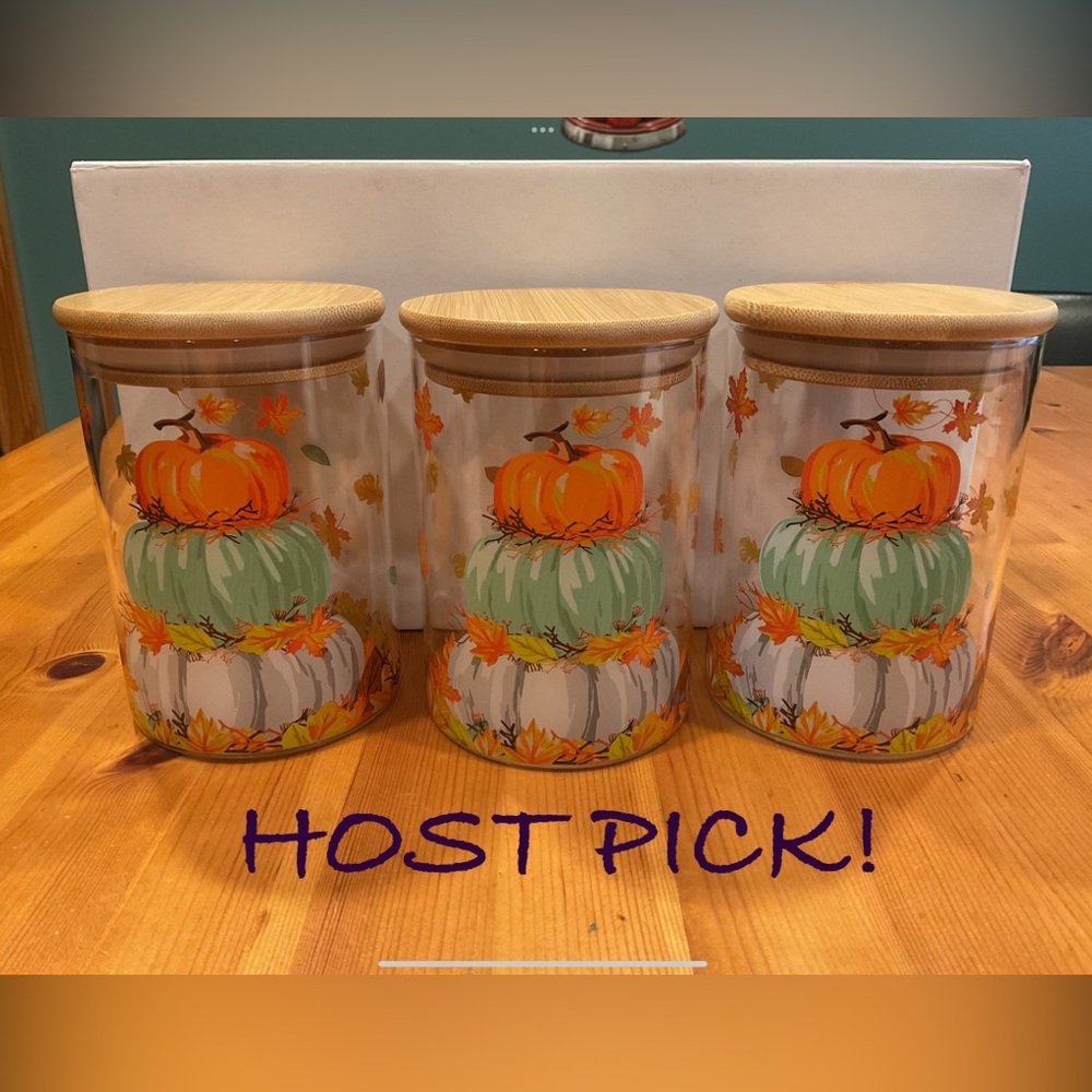 PUMPKIN CANISTERS WITH LIDS GLASS NEW FALL DECOR STORAGE 3 TEAL WHITE ORANGE